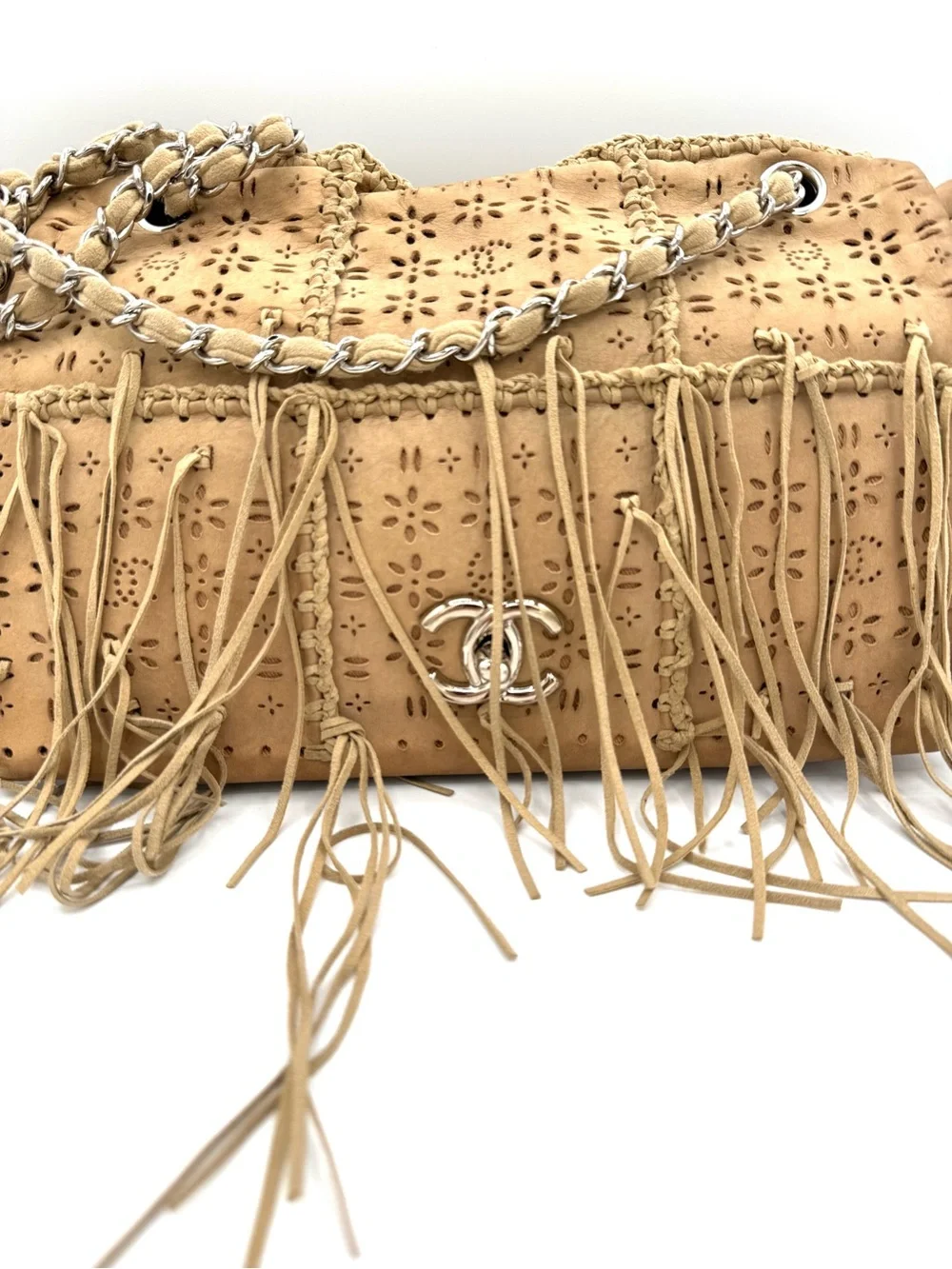 Chanel Tan Brown Suede Fringe Floral CC Flap Bag